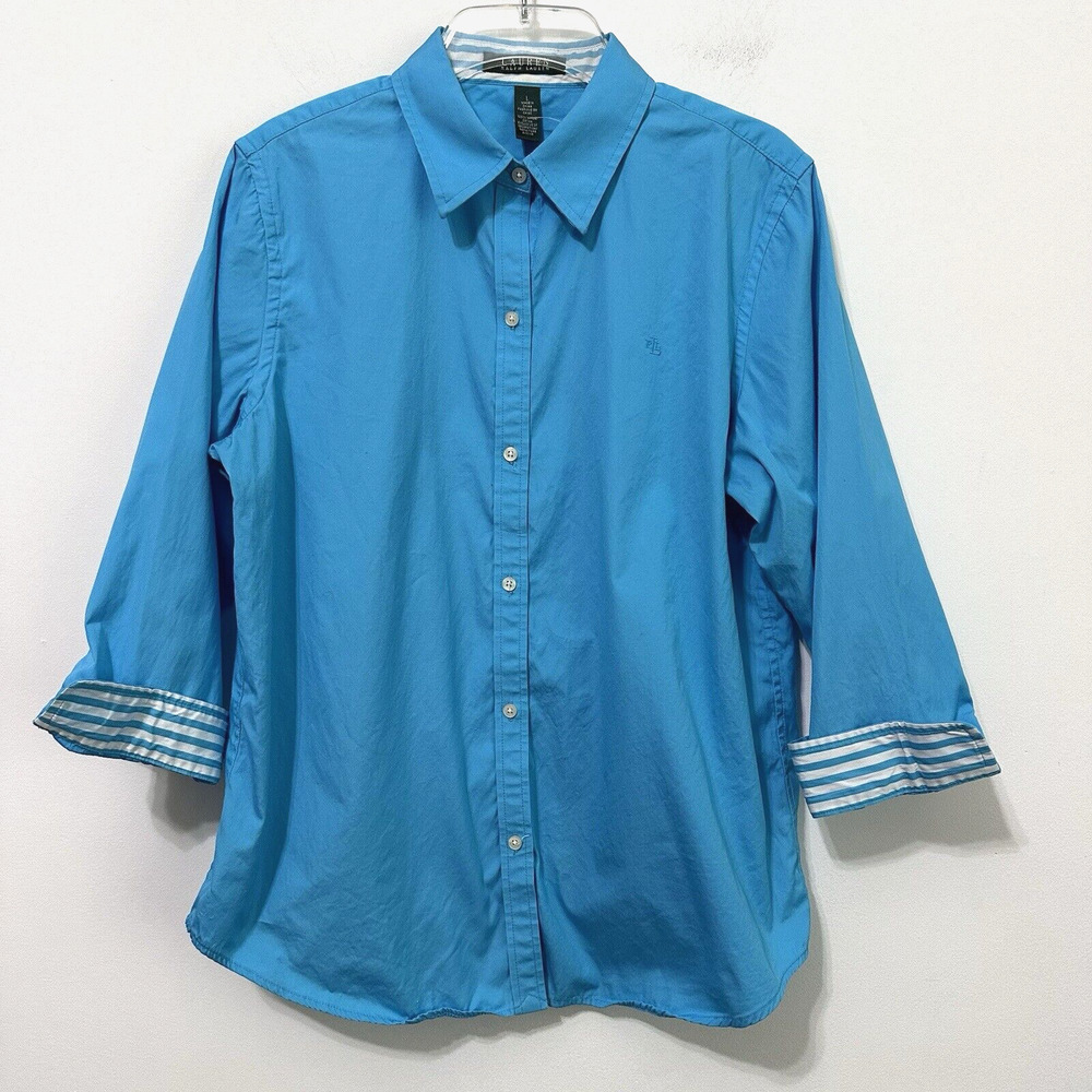 Lauren Ralph Lauren LRL Blouse L Aqua Button Front Stripe Cuff‎ Classic Top FLAW
